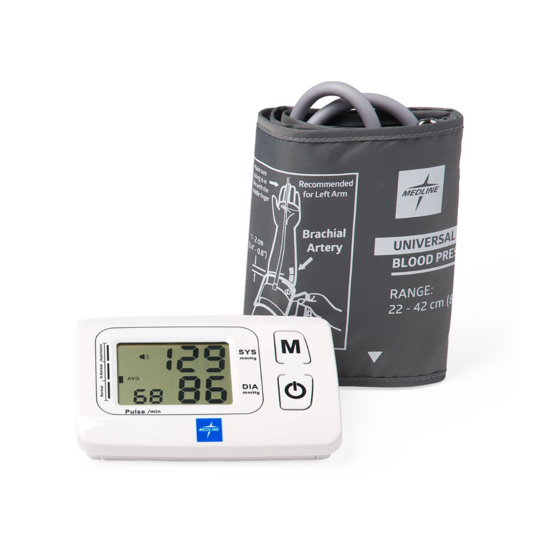 The Medline Automatic Digital Blood Pressure Unit With Talking Feature displays a digital systolic reading of 129 and diastolic of 86 on its clear screen, next to a gray left-arm cuff.